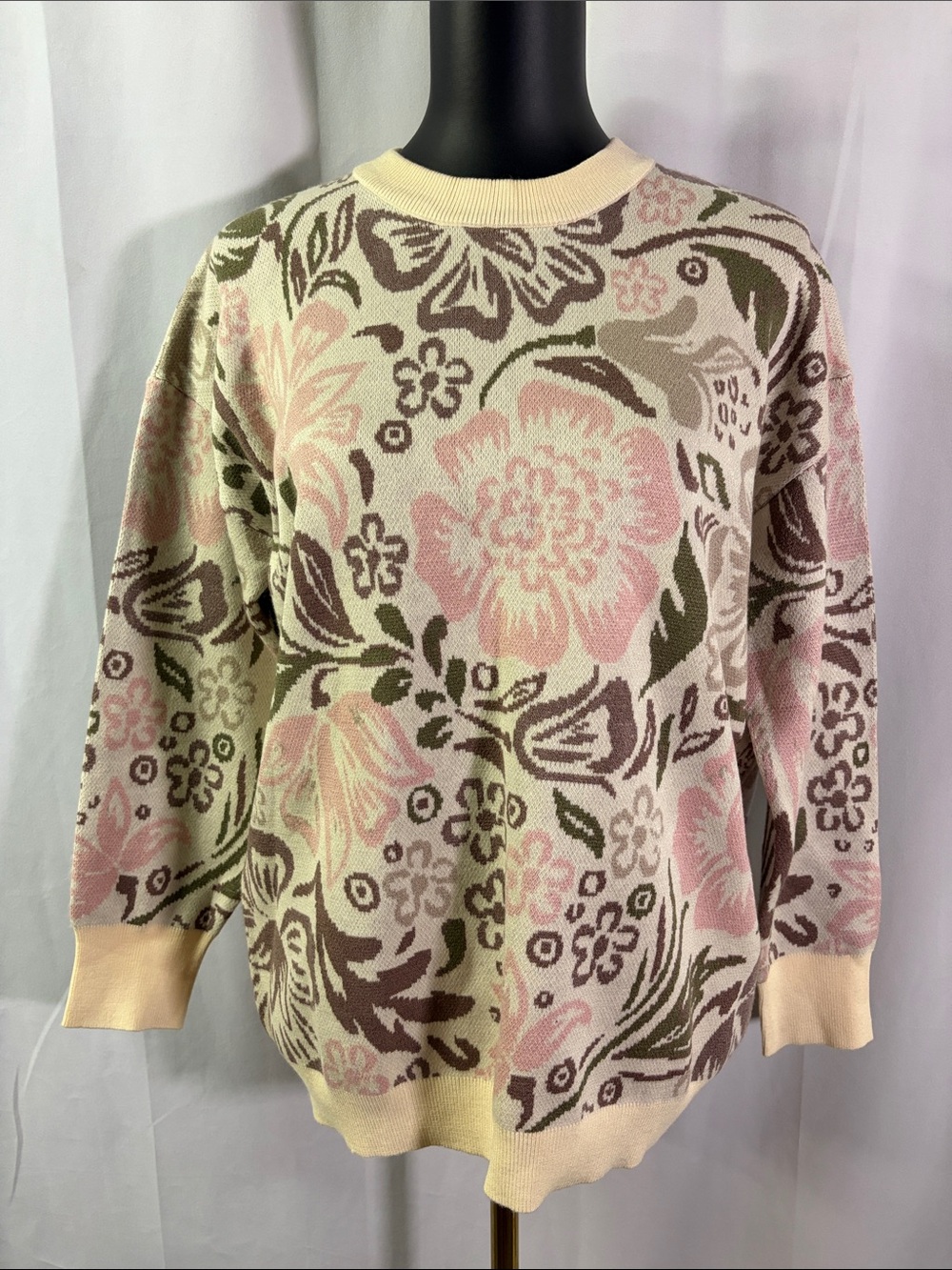 Polagram Cream Multicolor Floral Print Long Sleeve Crewneck Sweater
